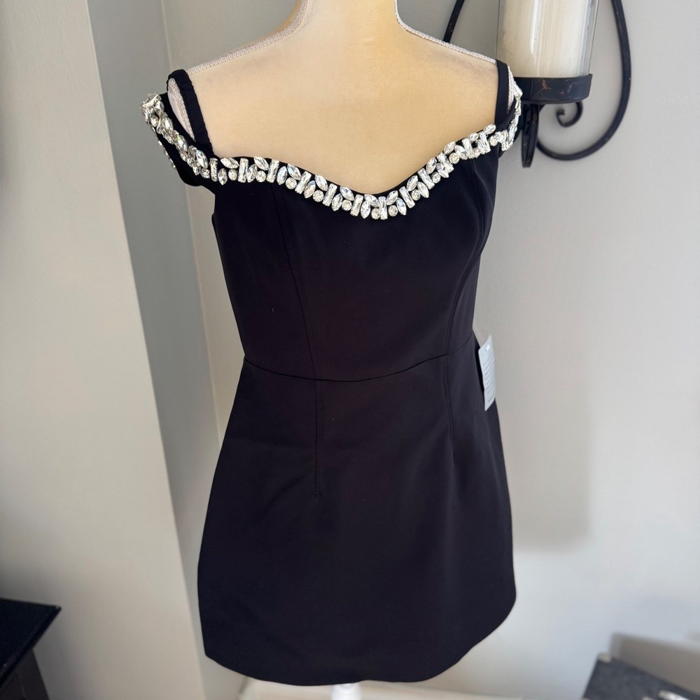 Monique Lhuillier Blaire Embellished Off the Shoulder Minidress, Black 8 NWT